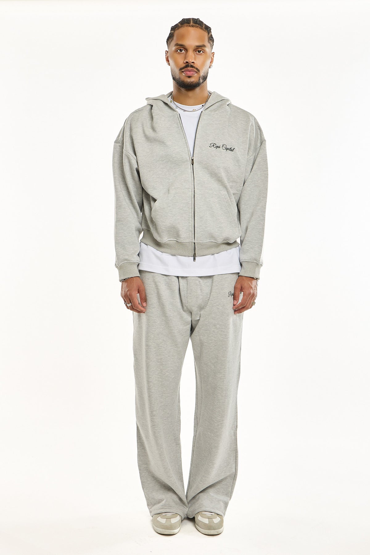 Full Zip Embroidered Hoodie - Heather Grey