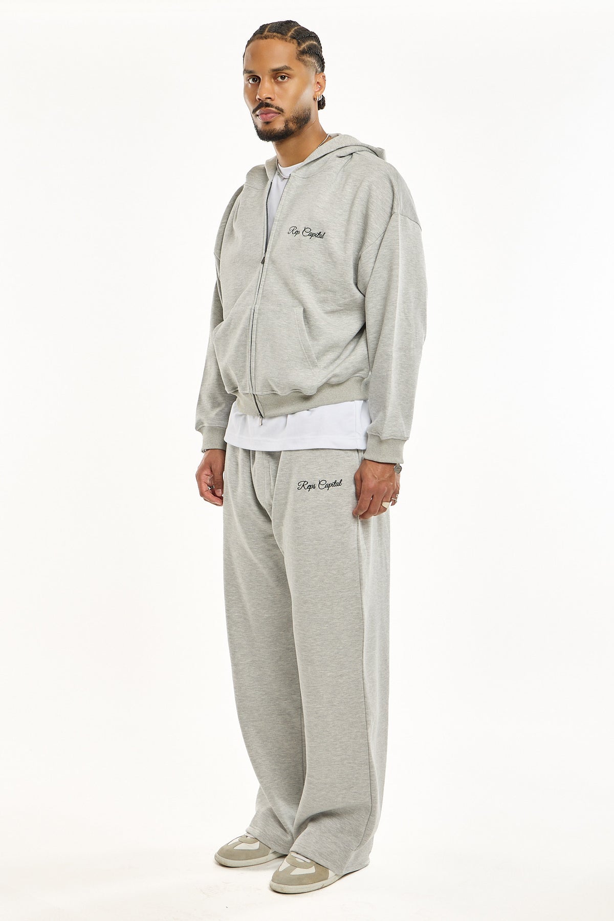 Full Zip Embroidered Hoodie - Heather Grey
