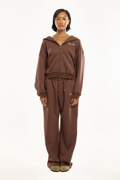 Full Zip Embroidered Hoodie - Mocha Brown