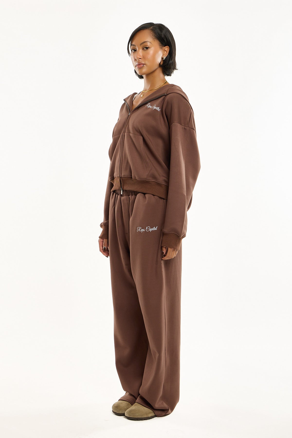 Full Zip Embroidered Hoodie - Mocha Brown