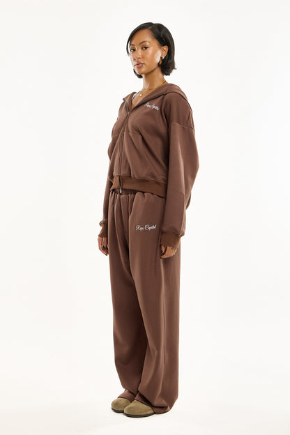 Full Zip Embroidered Hoodie - Mocha Brown
