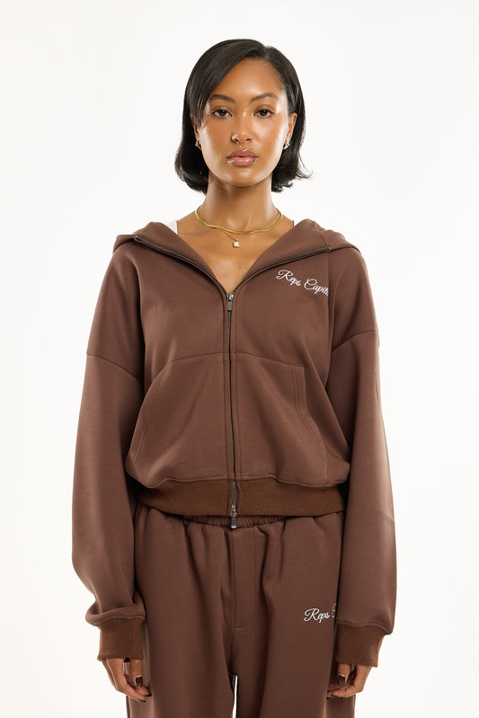 Full Zip Embroidered Hoodie - Mocha Brown