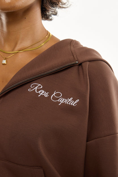 Full Zip Embroidered Hoodie - Mocha Brown