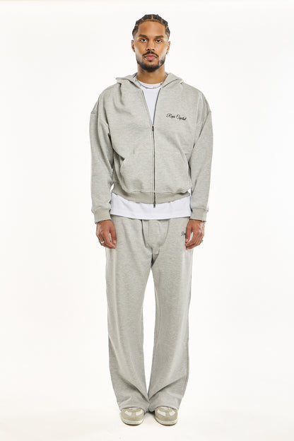 Full Zip Embroidered Hoodie - Heather Grey