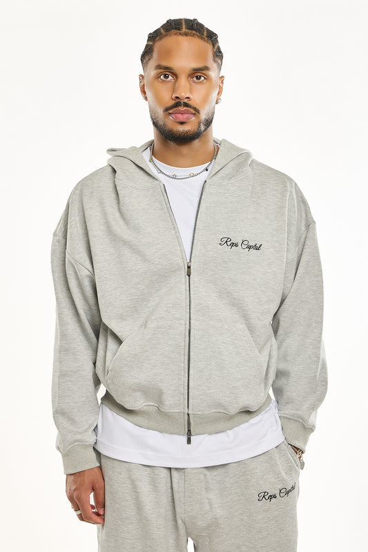 Full Zip Embroidered Hoodie - Heather Grey