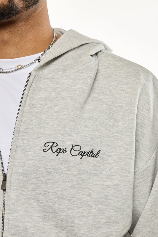 Full Zip Embroidered Hoodie - Heather Grey