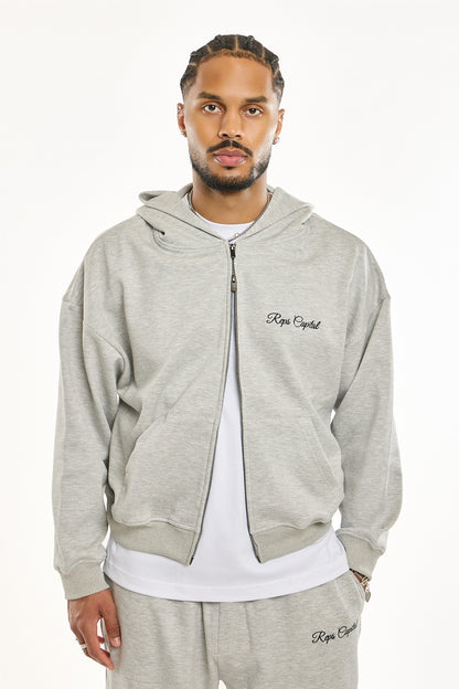 Full Zip Embroidered Hoodie - Heather Grey