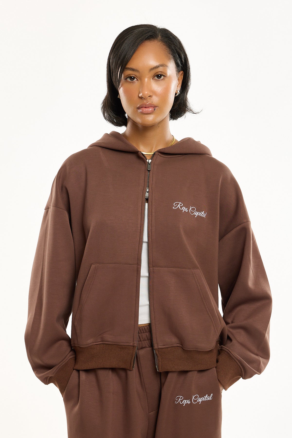 Full Zip Embroidered Hoodie - Mocha Brown